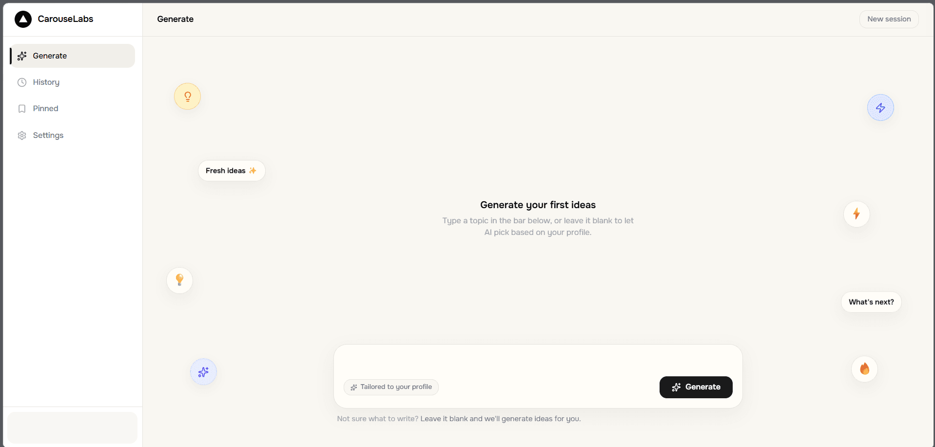 CarouseLabs generate dashboard producing trending post ideas for Copywriters