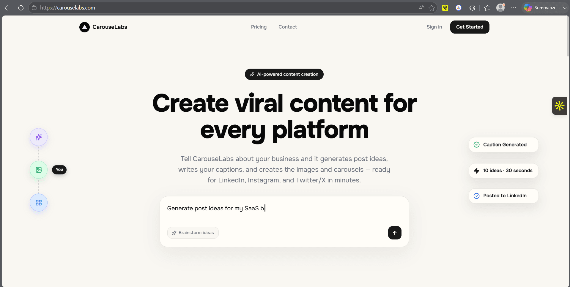 CarouseLabs AI content studio landing page, used by Copywriters to generate LinkedIn content
